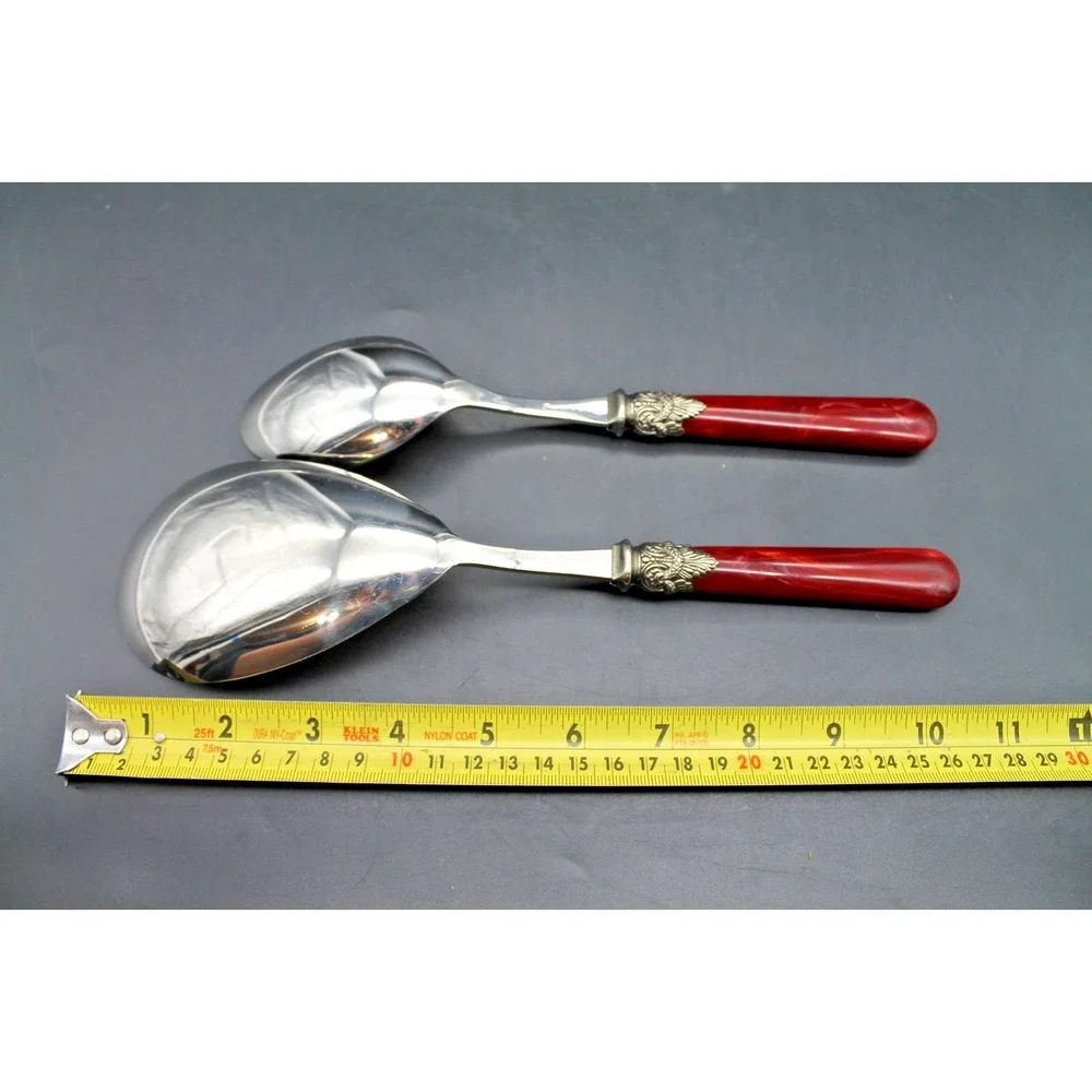 EME Napoleon Italy 3 Pc Serving Set Red Marbled Handles Salad Spoon Fork